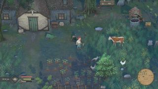 Mirthwood - a player stands in a field outside their home tilling land while cows and chickens graze